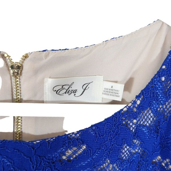 ELIZA J Size 8 Cobalt/Royal Blue Lace Bell Sleeve Exposed Zip Sheath Dress - Picture 5 of 5